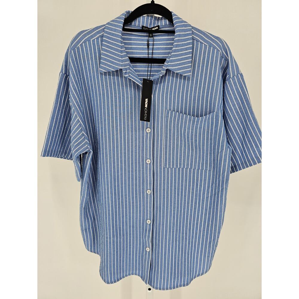 Fashion Nova Womens Sz L Short Sleeve Button Up Shirt Lily Striped Blue NEW